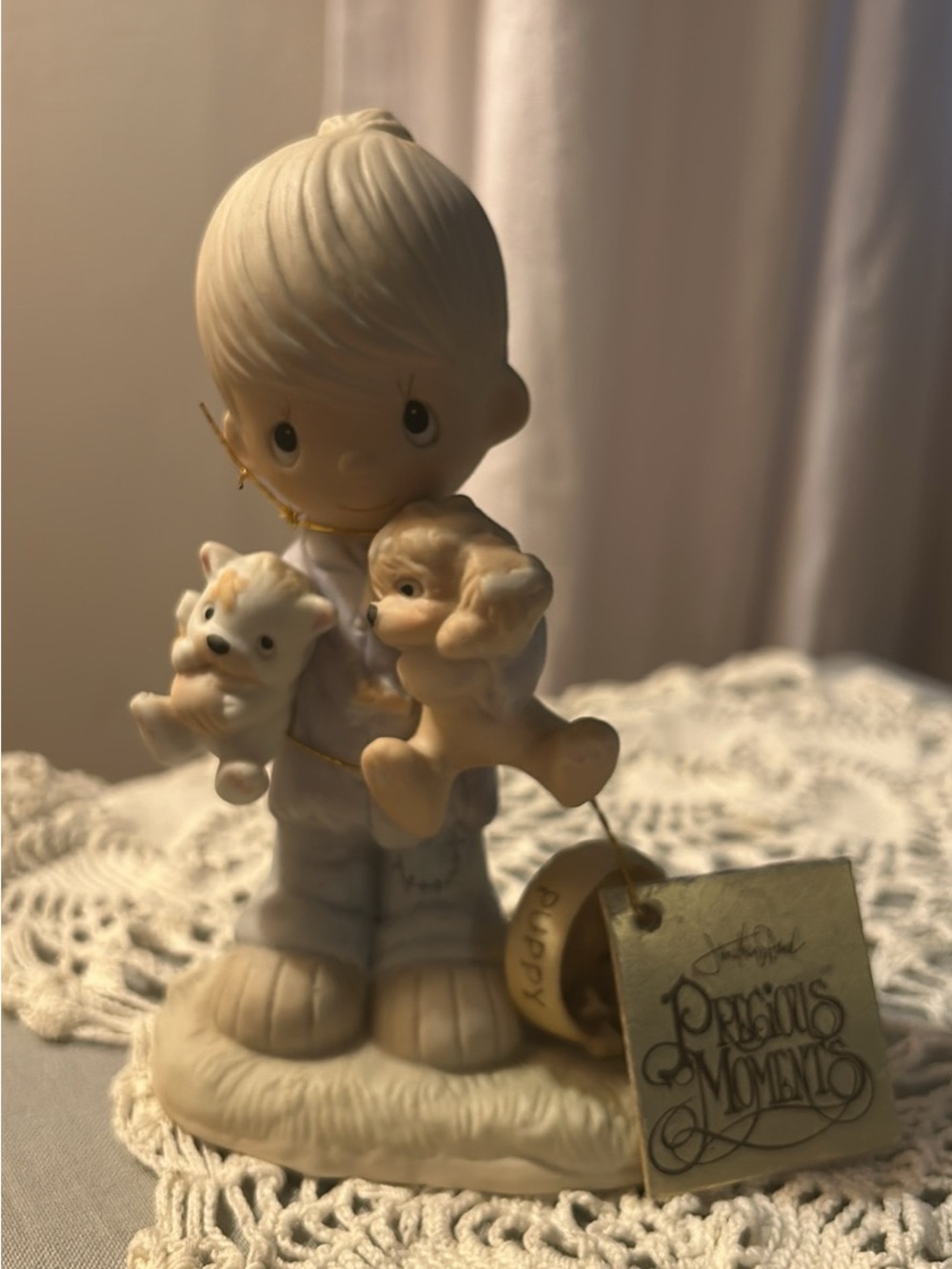 Precious Moments Boy Figurine Holding Puppies - Cream & Tan
